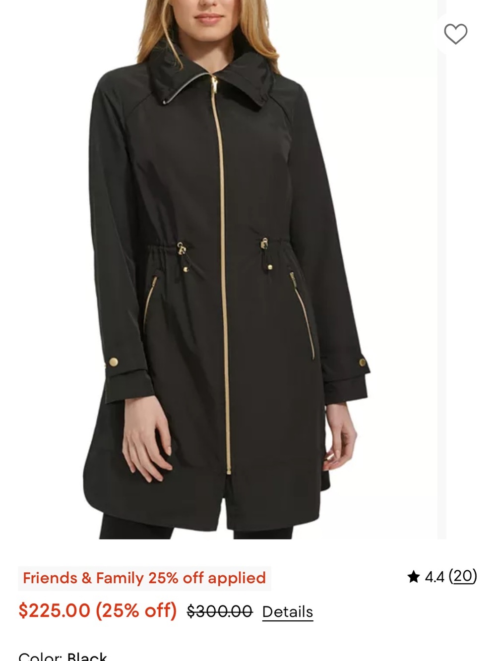 Cole Haan Signature Packable Parka Black Trench Coat with Gold-Tone Zippers